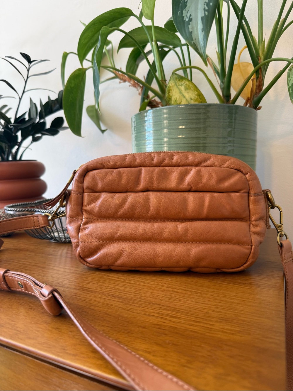 Madewell Quilted Leather Crossbody Bag in Cognac Tan Brown